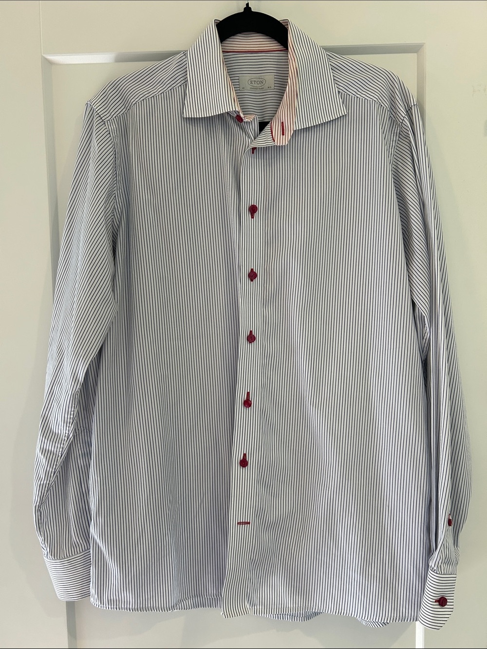 Eton White Dress Shirt with Blue Pinstripes and Red Button Accents